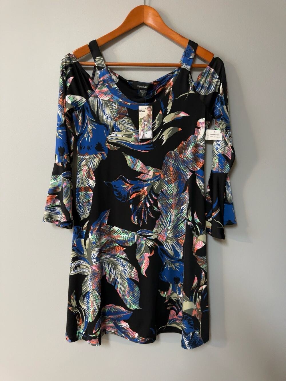 Karen Kane Rosewater Flare Sleeve Dress S Floral Tropical Print Made USA NWT